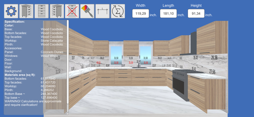 3D kitchen layout with wood cabinets and material specifications