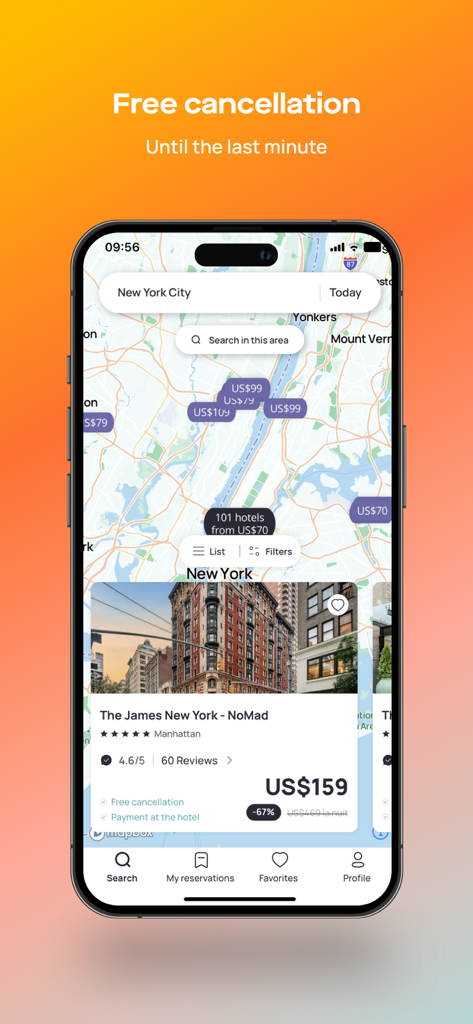 Dayuse.com - Interface de l'application mobile Dayuse montrant une carte de New York avec les prix des hôtels et une fiche de réservation pour The James New York NoMad.