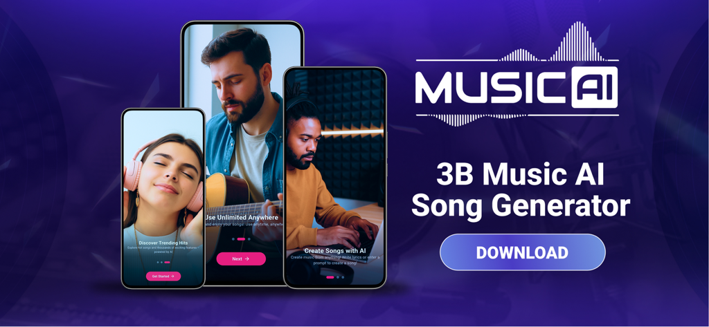 Promotional banner for the 3B Music AI Song Generator app showcasing song creation and listening features