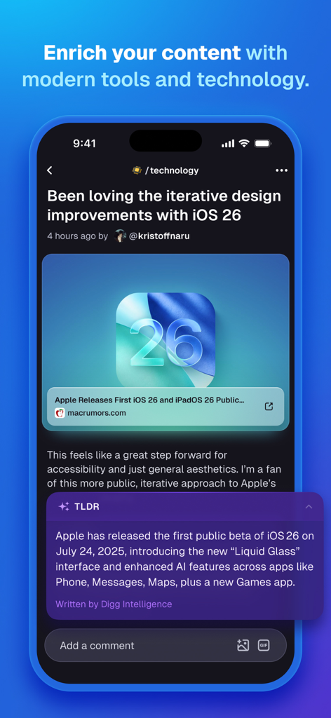 Digg - Interfaccia dell'app Digg che mostra un post tecnologico con un riassunto TLDR generato dall'IA