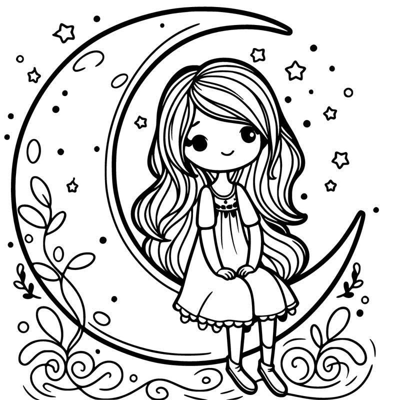 girl sitting on a crescent moon