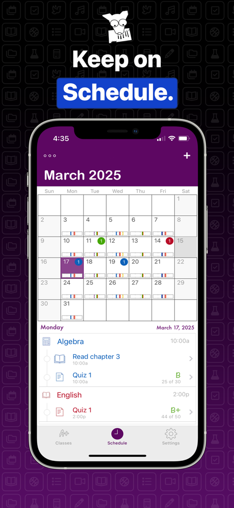 A monthly calendar and assignment schedule on the Student Planner Dog Ate It app