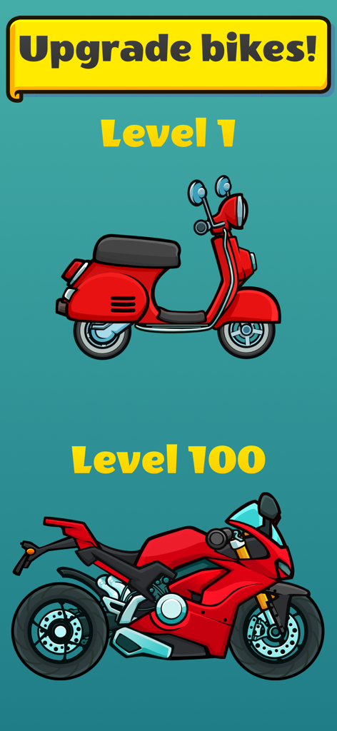 Side-by-side comparison of a level 1 red scooter and a level 100 red sportbike in Garage Master.