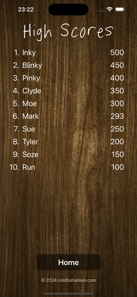 Rainman - The Game - High scores leaderboard screen in the Rainman game app showing top players and their points on a wooden background.