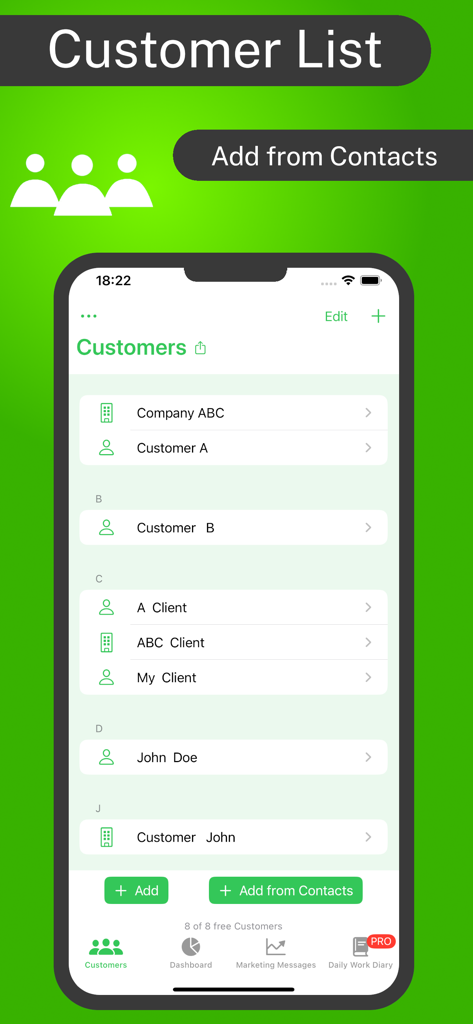 Pantalla de la aplicación móvil mostrando una lista de clientes organizada con una función para agregar clientes desde contactos