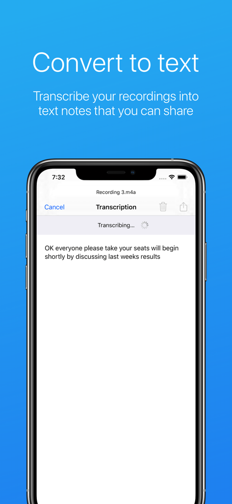Easy Voice Recorder - Easy Voice Recorder app interface showing the speech to text transcription feature for a meeting recording