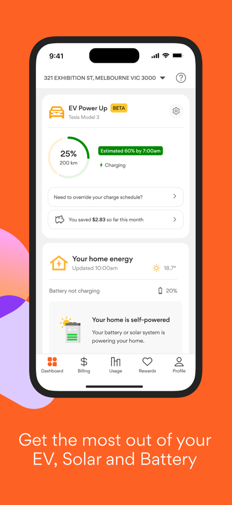 Origin Energy app dashboard showing EV charging status and solar power monitoring for a modern home.