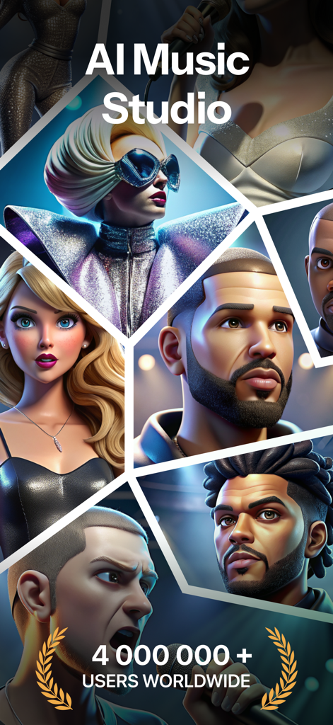 AI Song Maker·Music Generator - AI Music Studio interface showing stylized artist avatars and global user count