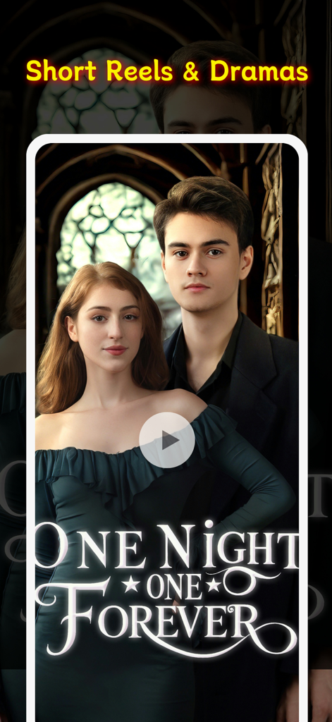 Ein Werbebildschirm für die Short Drama App mit einem jungen Paar und dem Titel Eine Nacht für immer.
