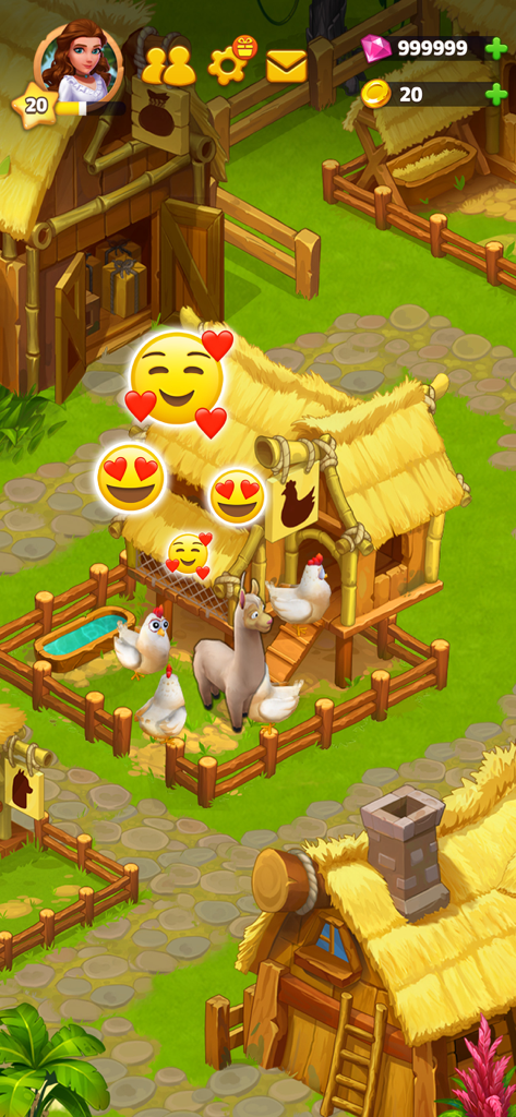 Island Hoppers: Adventure Farm - Vista dentro del juego de un gallinero y animales de granja con emojis felices en Island Hoppers.