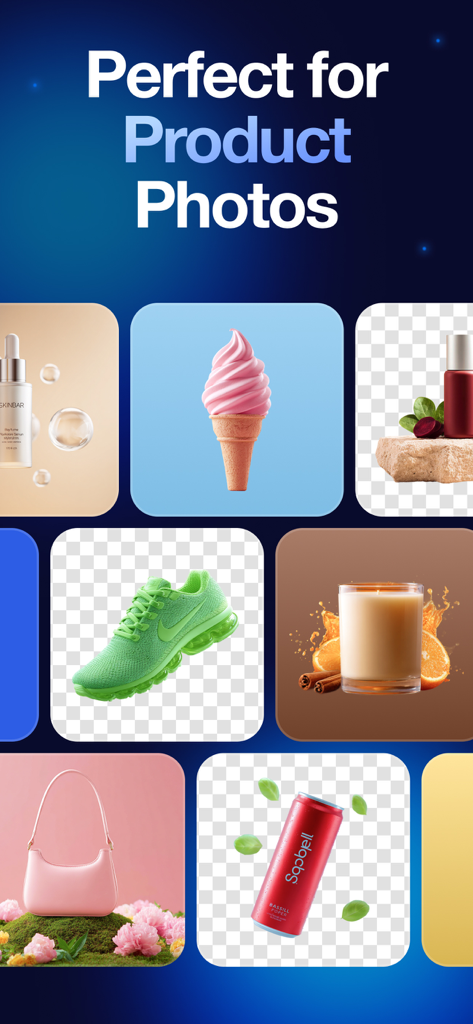 Background Remover+ - A grid showcasing professional product photos with backgrounds removed for e-commerce sellers.