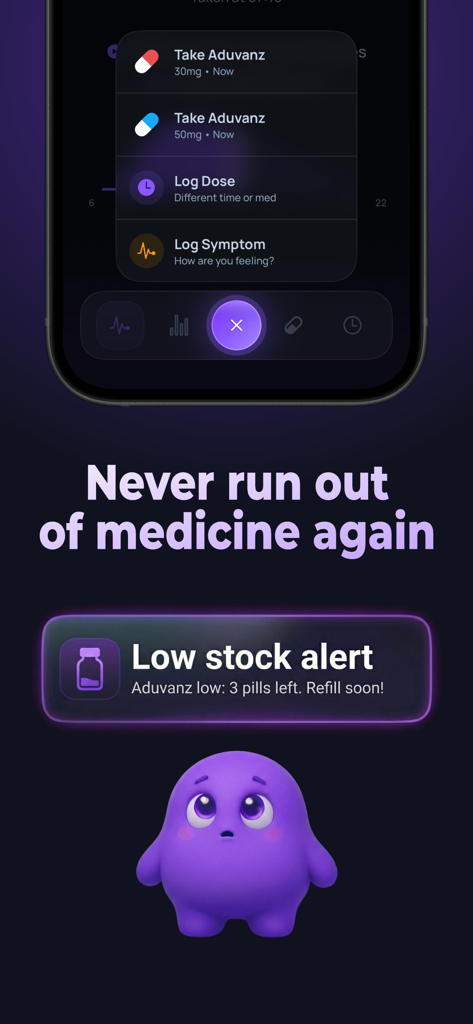 Nuro: ADHD Medication Tracker - Interfaz del rastreador de medicamentos para el TDAH de Nuro que muestra una alerta de bajo stock y opciones de registro de dosis.