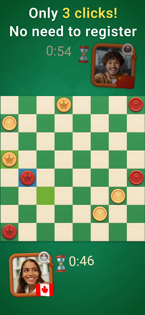 Checkers - Clash of Kings - An online checkers match in the Checkers Clash of Kings app showing a green and white board with red and gold pieces
