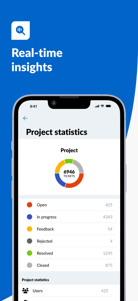PlanRadar Construction Manager - PlanRadar mobile app dashboard showing project ticket statistics with a status breakdown chart