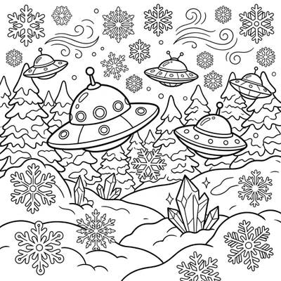 Embark on an out-of-this-world journey with this charming coloring page, where friendly UFOs visit a sparkling winter wonderland. Kids will love bringing this unique snowy scene, complete with playful snowflakes and ice crystals, to vibrant life.