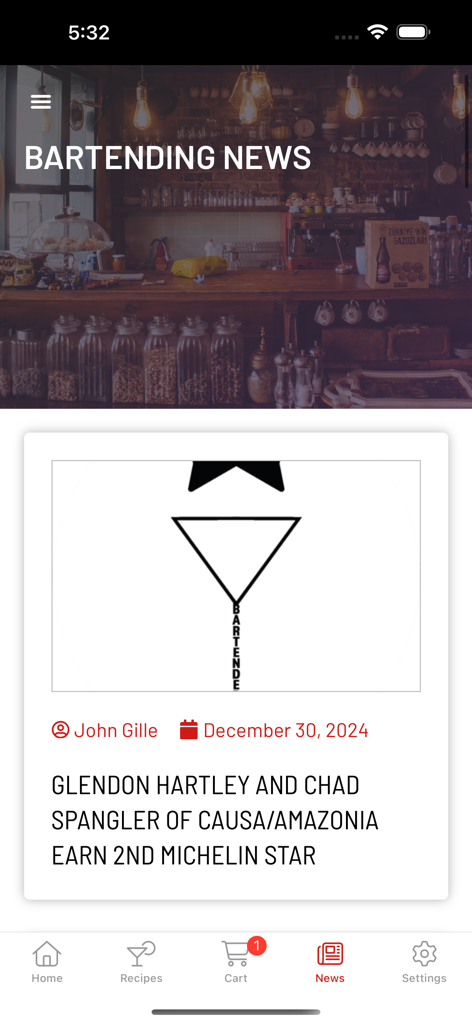 Screen showing the Bartending News section with an article about Michelin Star award winners.