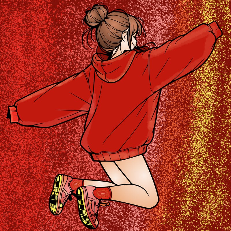 realistic girl jumping with a bun and oversized sweatshirt