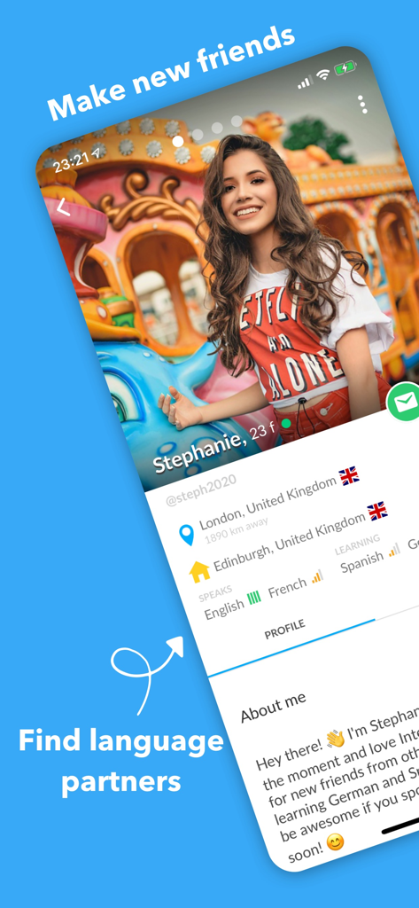 Un écran de profil d'utilisateur dans l'application InterPals montrant une jeune femme à la recherche de partenaires linguistiques et de nouveaux amis.