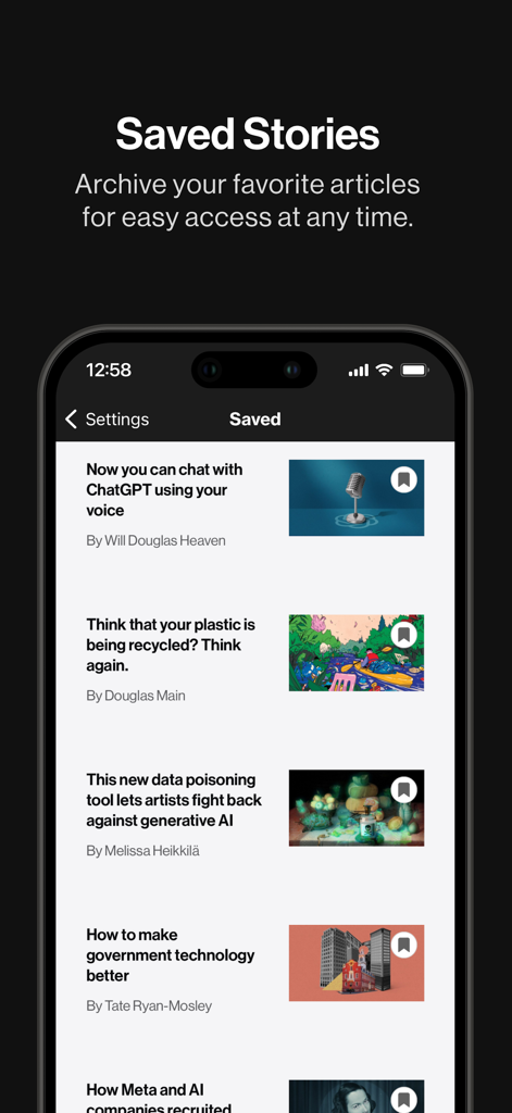MIT Technology Review - アーカイブされた記事のリストが表示された保存済みストーリー画面の MIT Technology Review アプリを表示するスマートフォンのインターフェース