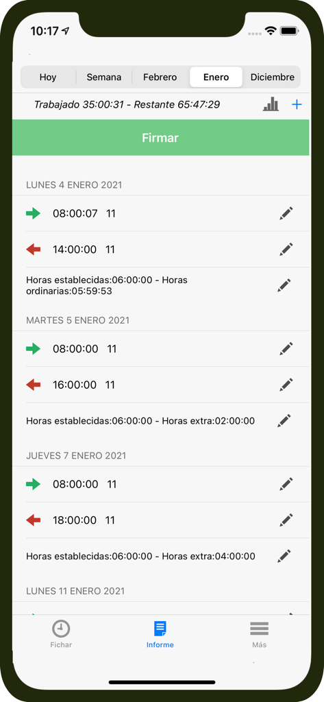 Reloj Laboral, control horario - Pantalla de la aplicación móvil Reloj Laboral que muestra un registro de asistencia mensual con horas de entrada y un botón de firma digital.