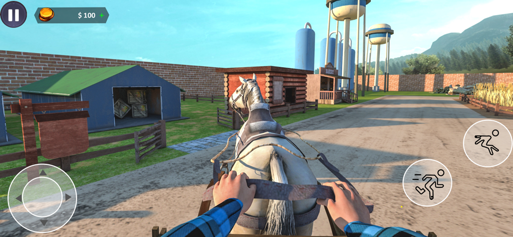 American Farming Simulator - Vista en primera persona de conducir un carruaje de caballos en un rancho en American Farming Simulator