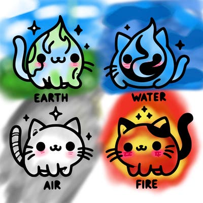 4 cats that represent the different elements, earth, water, air, and fire