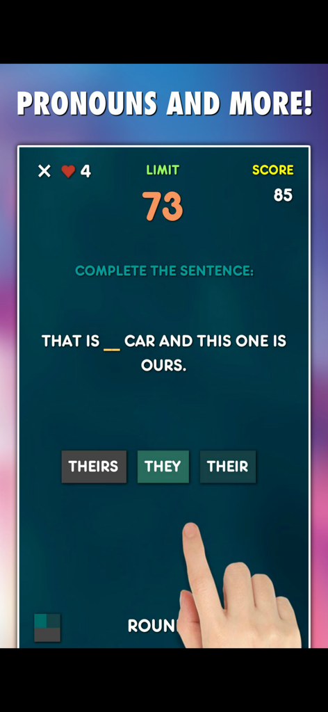 English Grammar Games 10-in-1 - Educational game interface showing a sentence completion task for English pronouns