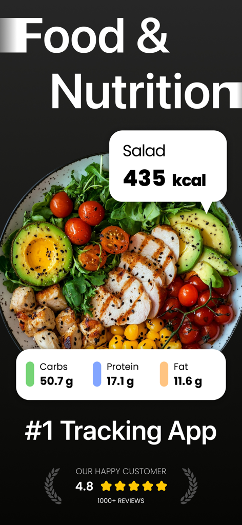 AI Calorie Tracker - Fitory - Escáner de comidas de la aplicación Fitory IA mostrando el desglose de calorías y macronutrientes para un bol de ensalada