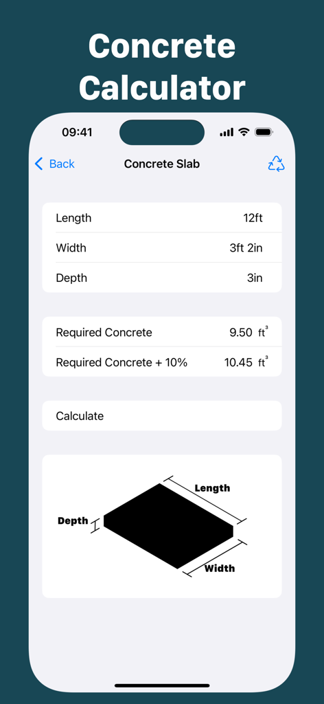 Chippy Tools: Construction - Interface of the Chippy Tools concrete calculator showing slab dimensions and volume requirements in feet and inches.