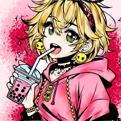 hot baddie anime girl drinking boba and biting the straw