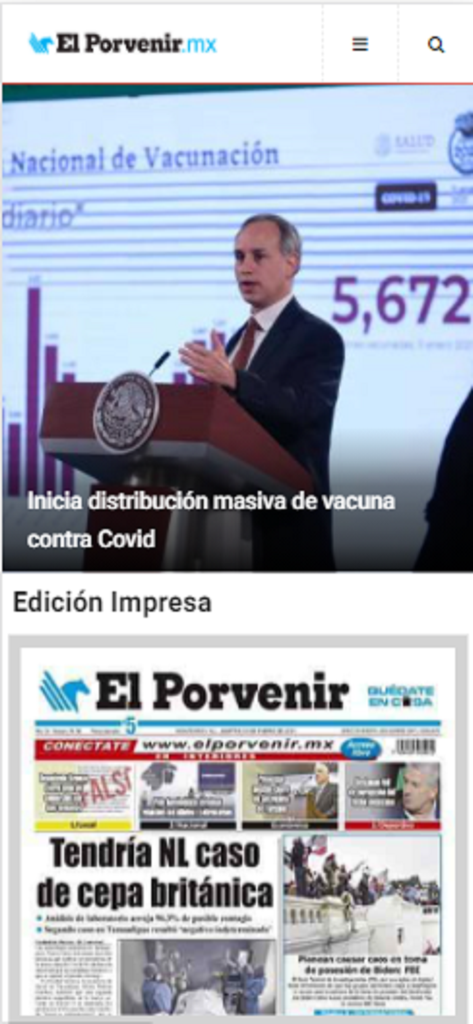El Porvenir MX mobile app interface showing news headlines and digital newspaper edition