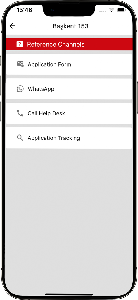 EGO CEP'TE app Baskent 153 support screen showing application form WhatsApp and help desk options