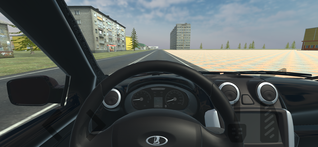 First person driving view from the interior of a car in a realistic simulator