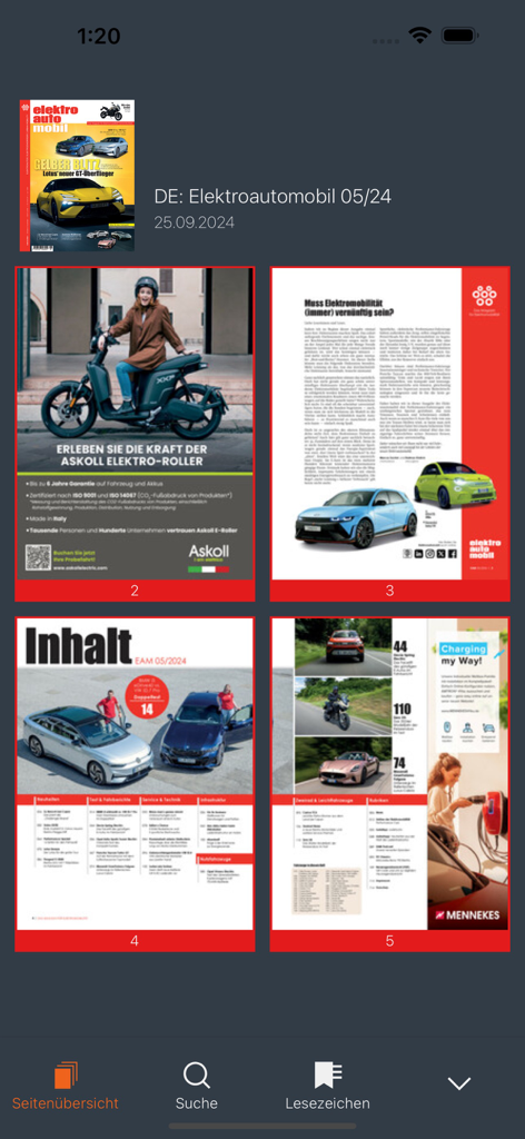 Interface of the Elektroautomobil app showing a grid preview of digital magazine pages including electric cars and scooters