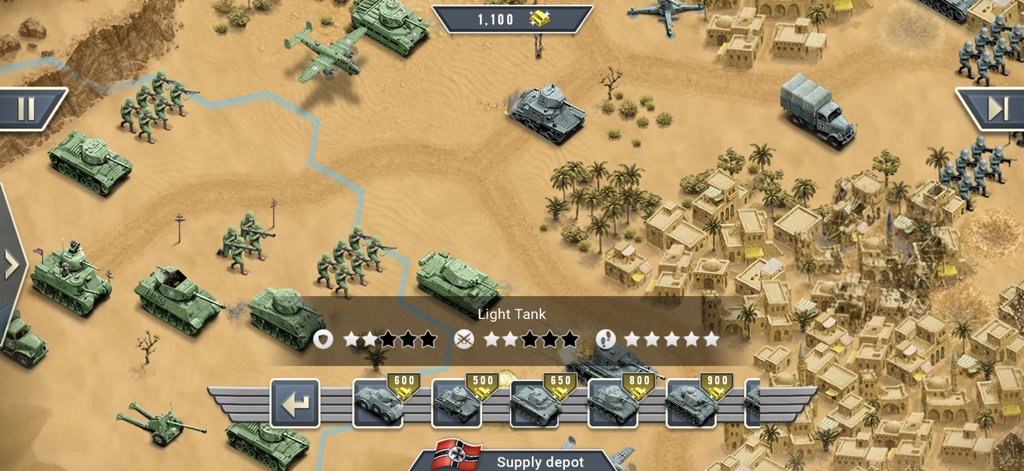 A top-down view of turn-based tactical gameplay in a desert setting featuring tanks infantry and military units