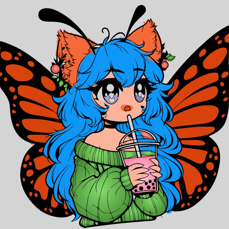 a realistic butterfly/furry girl drinking boba