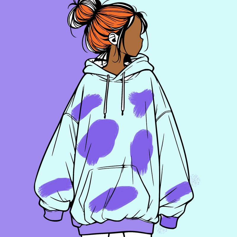 realistic girl with a oversized sweatshirt on and a bun