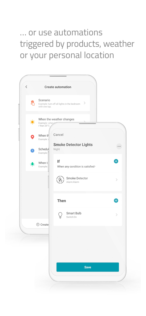 Interface do aplicativo Nedis SmartLife mostrando uma configuração de automação residencial inteligente acionada por um alarme de detector de fumaça.