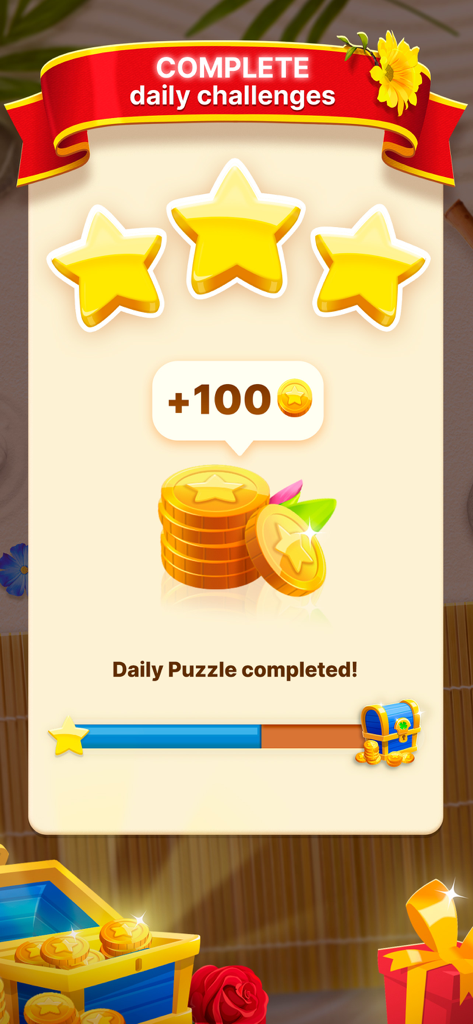 A reward screen in Word Garden showing three gold stars and one hundred coins for completing a daily puzzle challenge.