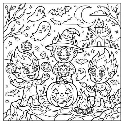 Get ready for a sizzling Halloween adventure with our delightful Fire Trolls coloring page. These elemental friends are celebrating amidst pumpkins, playful ghosts, and a haunted house, promising hours of spooky-fun creativity.