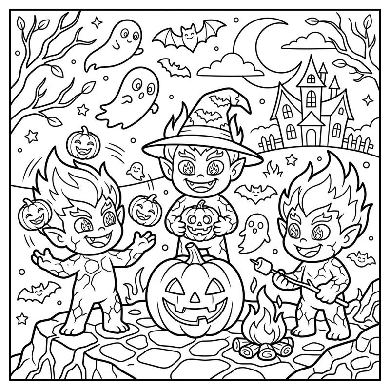 Get ready for a sizzling Halloween adventure with our delightful Fire Trolls coloring page. These elemental friends are celebrating amidst pumpkins, playful ghosts, and a haunted house, promising hours of spooky-fun creativity.