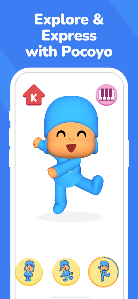 Kiddopia: Kids Learning Games - Pantalla de la aplicación Kiddopia con un personaje de Pocoyo bailando para que los niños aprendan y se expresen