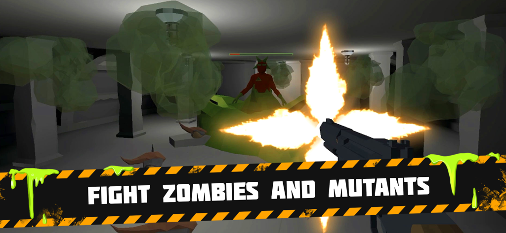 Bunker: Zombie Survival Games - First person shooter view of a player firing a gun at a mutant enemy in a dark room