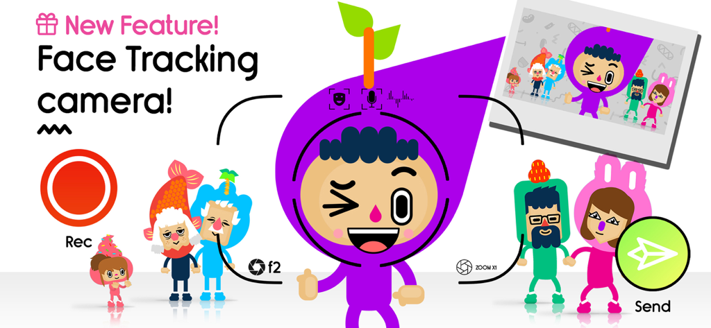 Boop Kids - Smart Parenting - A promotional screen for Boop Kids showing the new face tracking camera feature with personalized family avatars and recording controls