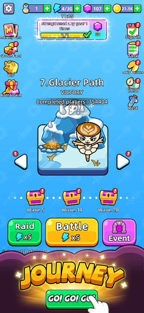 Rumble Bag: backpack battle - Pantalla de victoria para el nivel Camino del Glaciar en el juego móvil de batalla de mochilas Rumble Bag que muestra un personaje y opciones de batalla