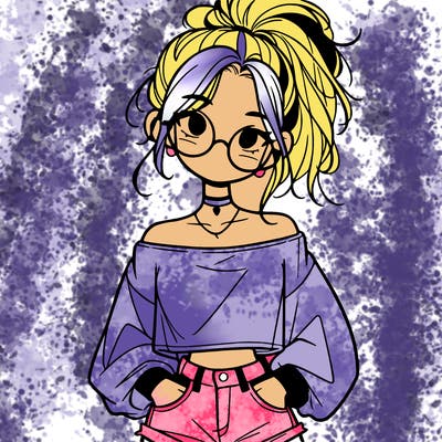 girl with a messy ponytail glasses a baggy crop top and jean shorts