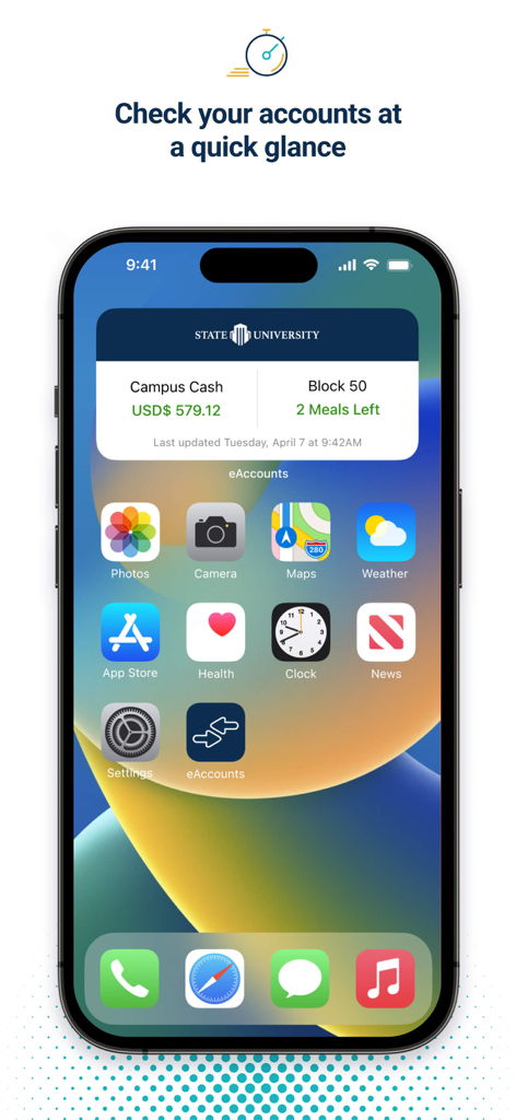 대학생을 위한 캠퍼스 현금 잔액 및 남은 식사 계획 횟수를 표시하는 Transact eAccounts iOS 홈 화면 위젯