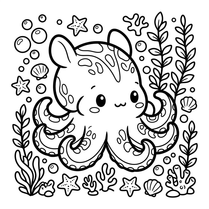 Discover the enchanting world of the deep sea with this delightful Kawaii Flapjack Octopus coloring page. Its adorable expression and intricate ocean details promise a relaxing and fun artistic escape.