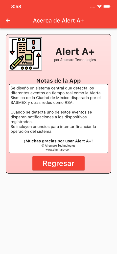 Information screen of the Alert A plus app detailing seismic alert sources for Mexico City and app notes