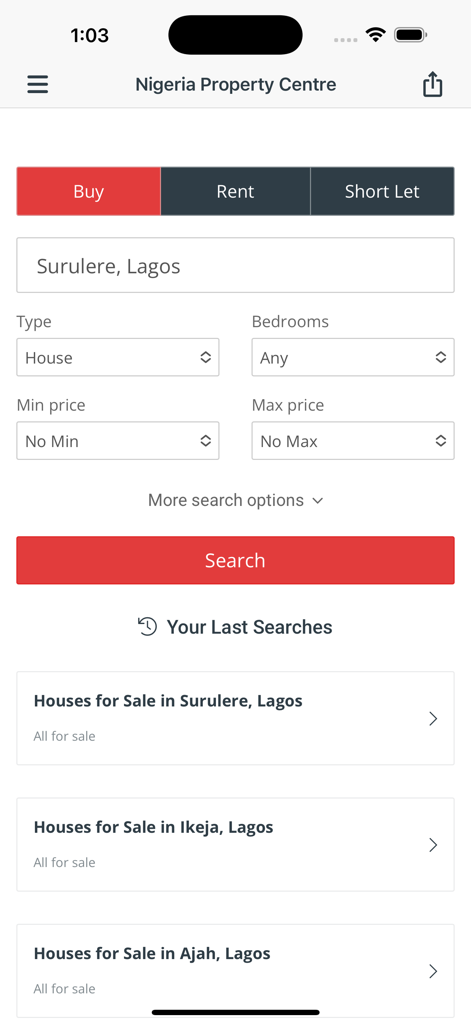 Nigeria Property Centre - Search screen of the Nigeria Property Centre app showing property filters for houses in Surulere Lagos